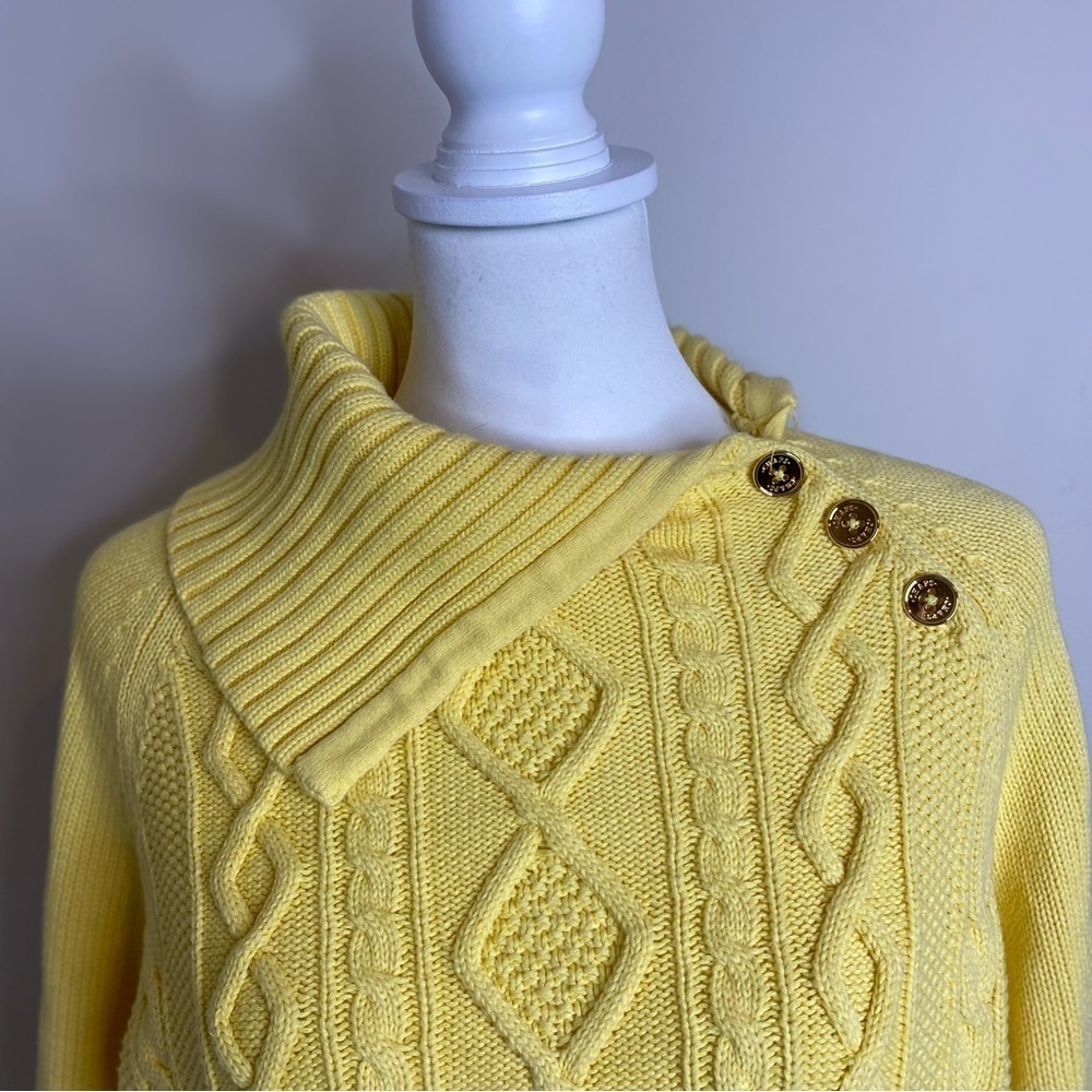 CHAPS Yellow Cable Knit Sweater Oversized Collar Side Gold Button Detail XL - Picture 2 of 7